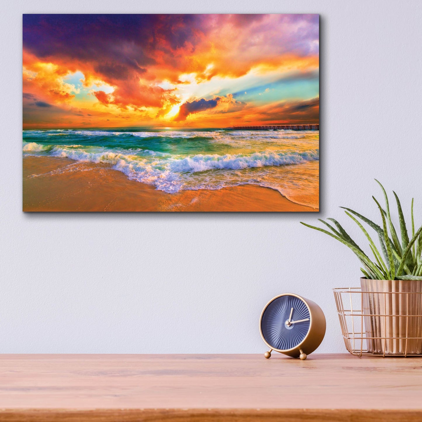 Epic Art 'Red Orange Purple Beautiful Beach Sunset' by Ezra Tanner, Acrylic Glass Wall Art,16x12