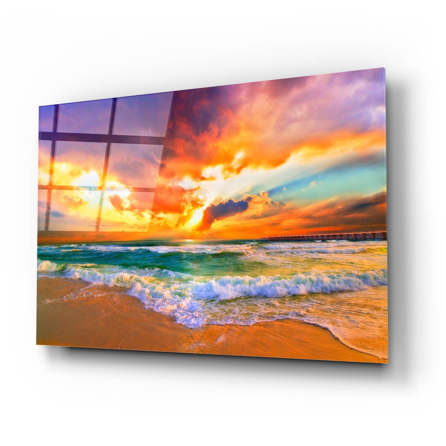 Epic Art 'Red Orange Purple Beautiful Beach Sunset' by Ezra Tanner, Acrylic Glass Wall Art,24x16