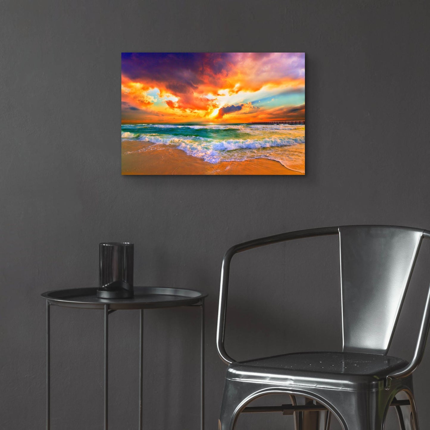 Epic Art 'Red Orange Purple Beautiful Beach Sunset' by Ezra Tanner, Acrylic Glass Wall Art,24x16