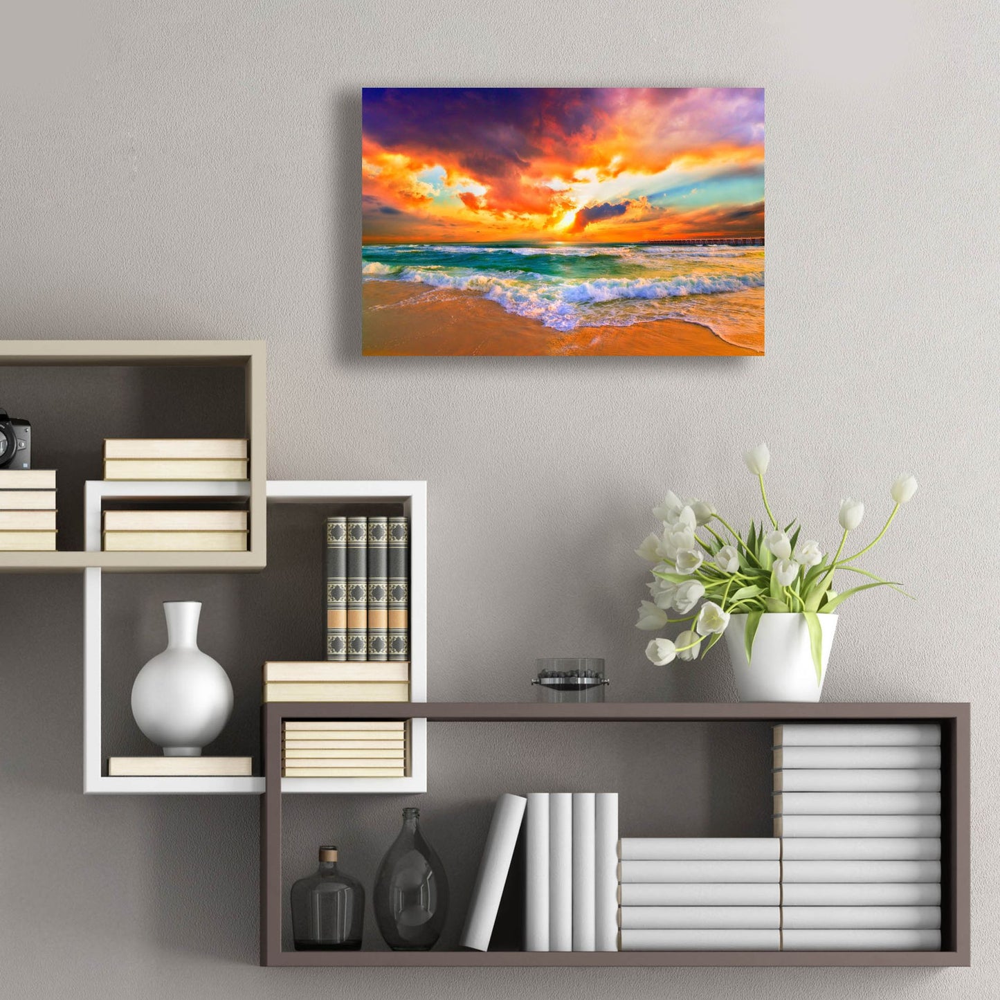 Epic Art 'Red Orange Purple Beautiful Beach Sunset' by Ezra Tanner, Acrylic Glass Wall Art,24x16