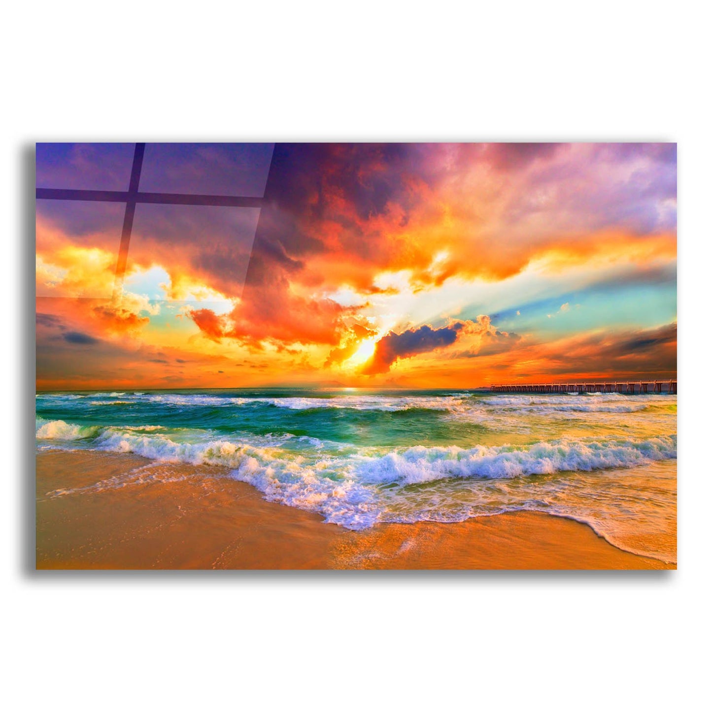 Epic Art 'Red Orange Purple Beautiful Beach Sunset' by Ezra Tanner, Acrylic Glass Wall Art,24x16