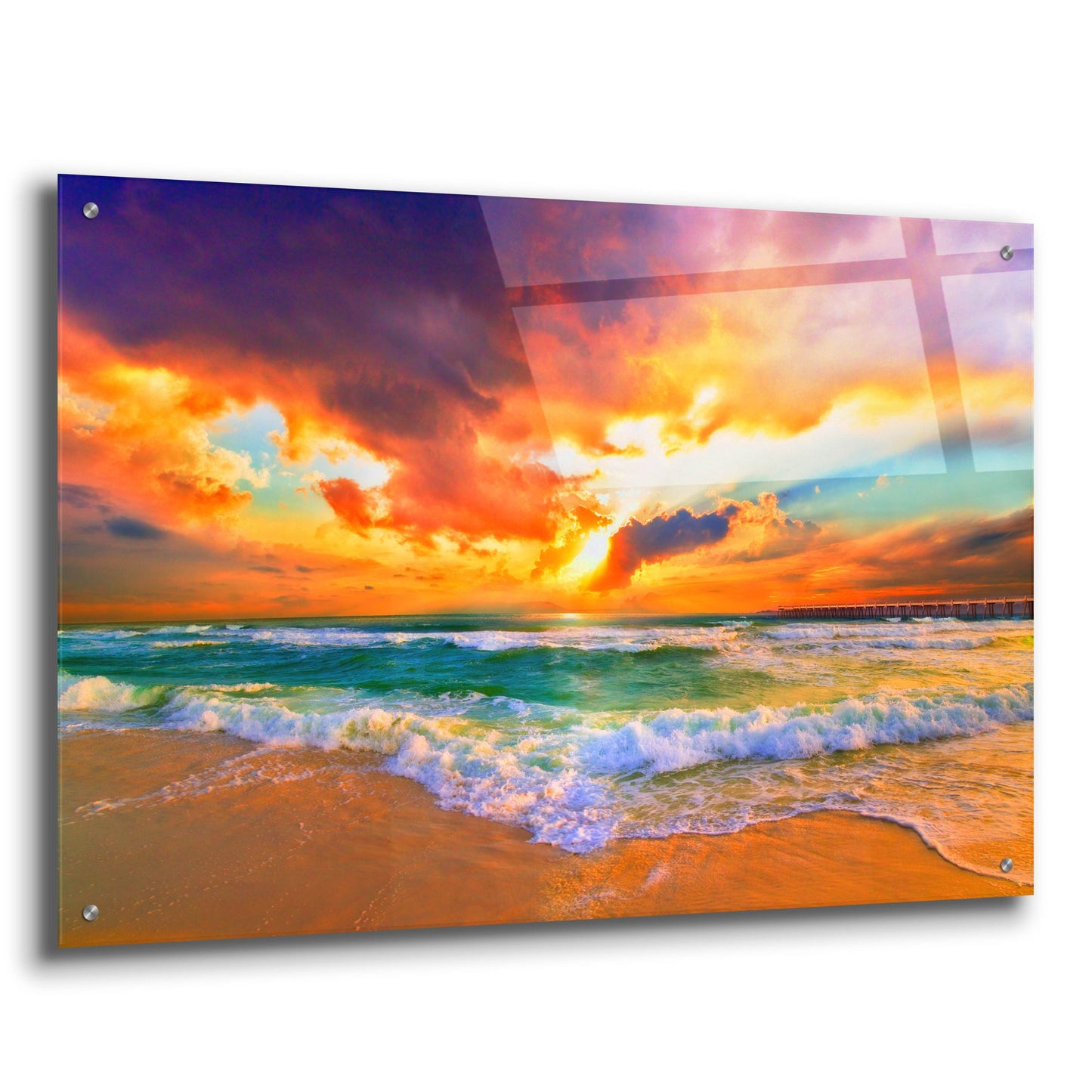 Epic Art 'Red Orange Purple Beautiful Beach Sunset' by Ezra Tanner, Acrylic Glass Wall Art,36x24