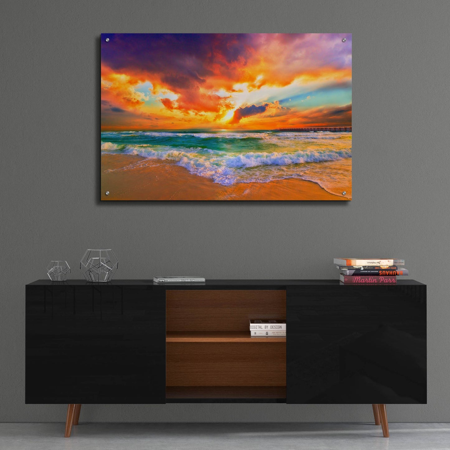 Epic Art 'Red Orange Purple Beautiful Beach Sunset' by Ezra Tanner, Acrylic Glass Wall Art,36x24