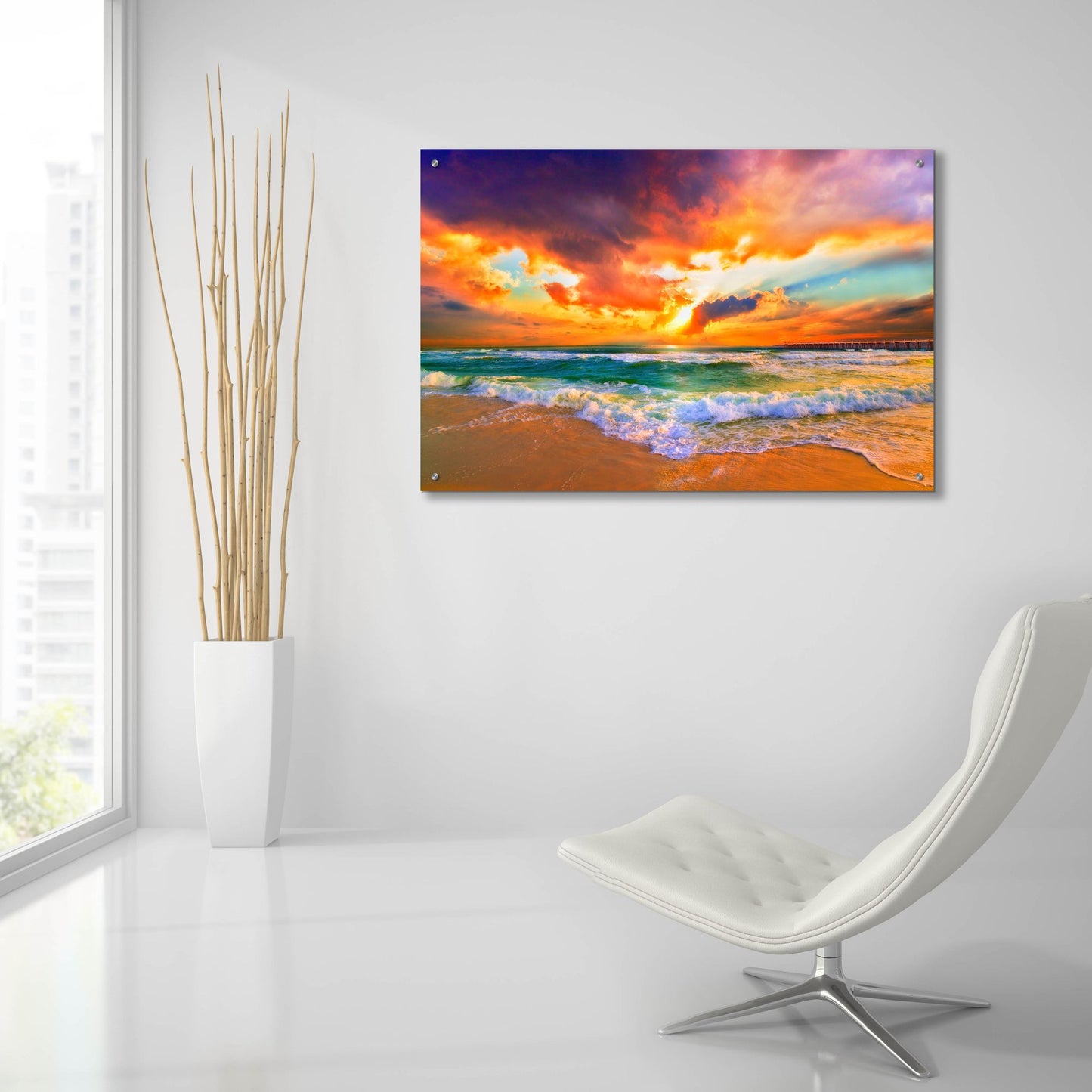 Epic Art 'Red Orange Purple Beautiful Beach Sunset' by Ezra Tanner, Acrylic Glass Wall Art,36x24