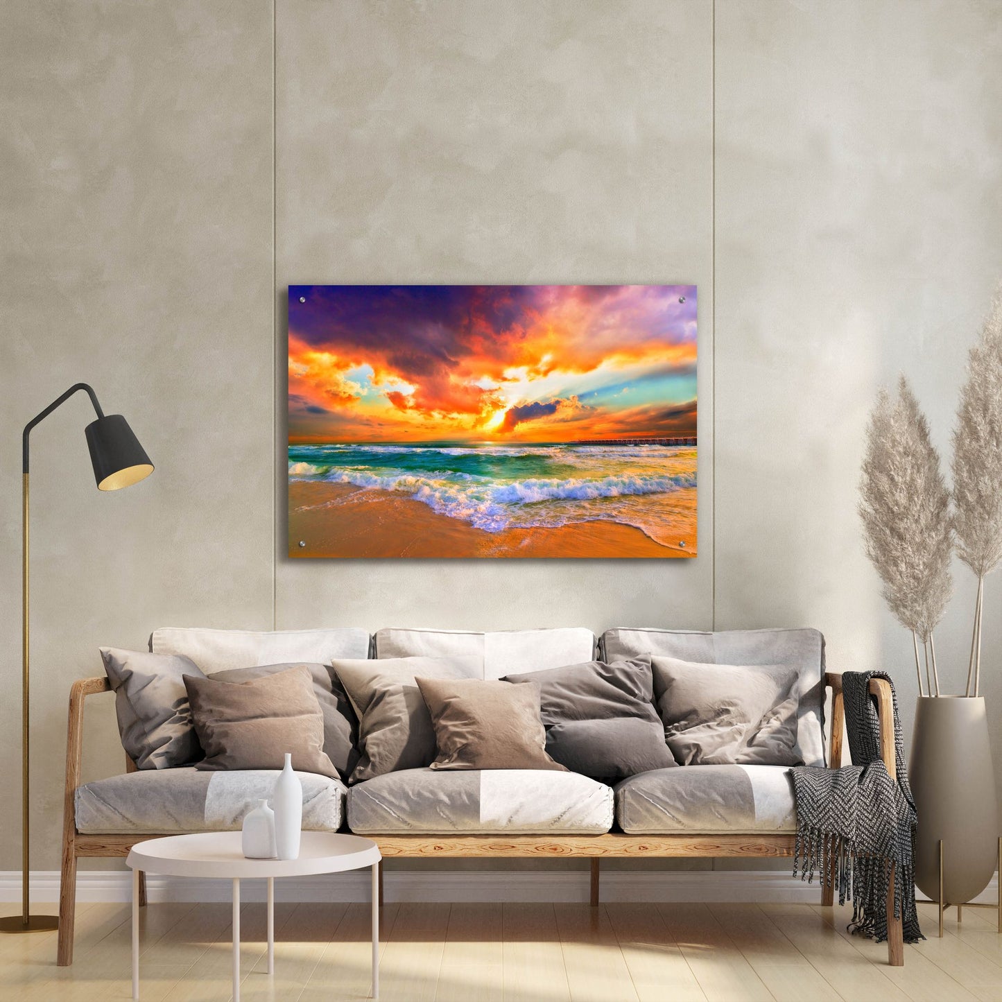 Epic Art 'Red Orange Purple Beautiful Beach Sunset' by Ezra Tanner, Acrylic Glass Wall Art,36x24