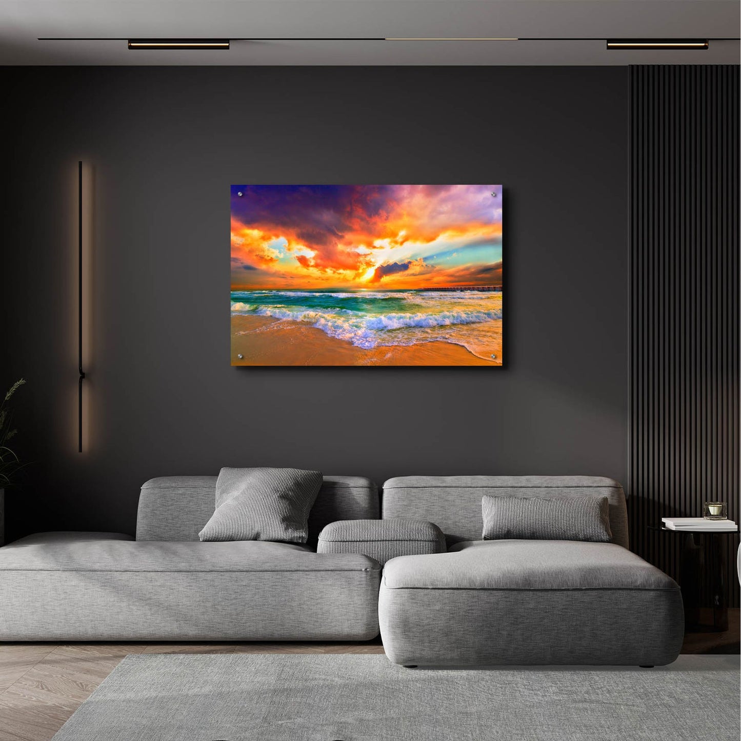 Epic Art 'Red Orange Purple Beautiful Beach Sunset' by Ezra Tanner, Acrylic Glass Wall Art,36x24