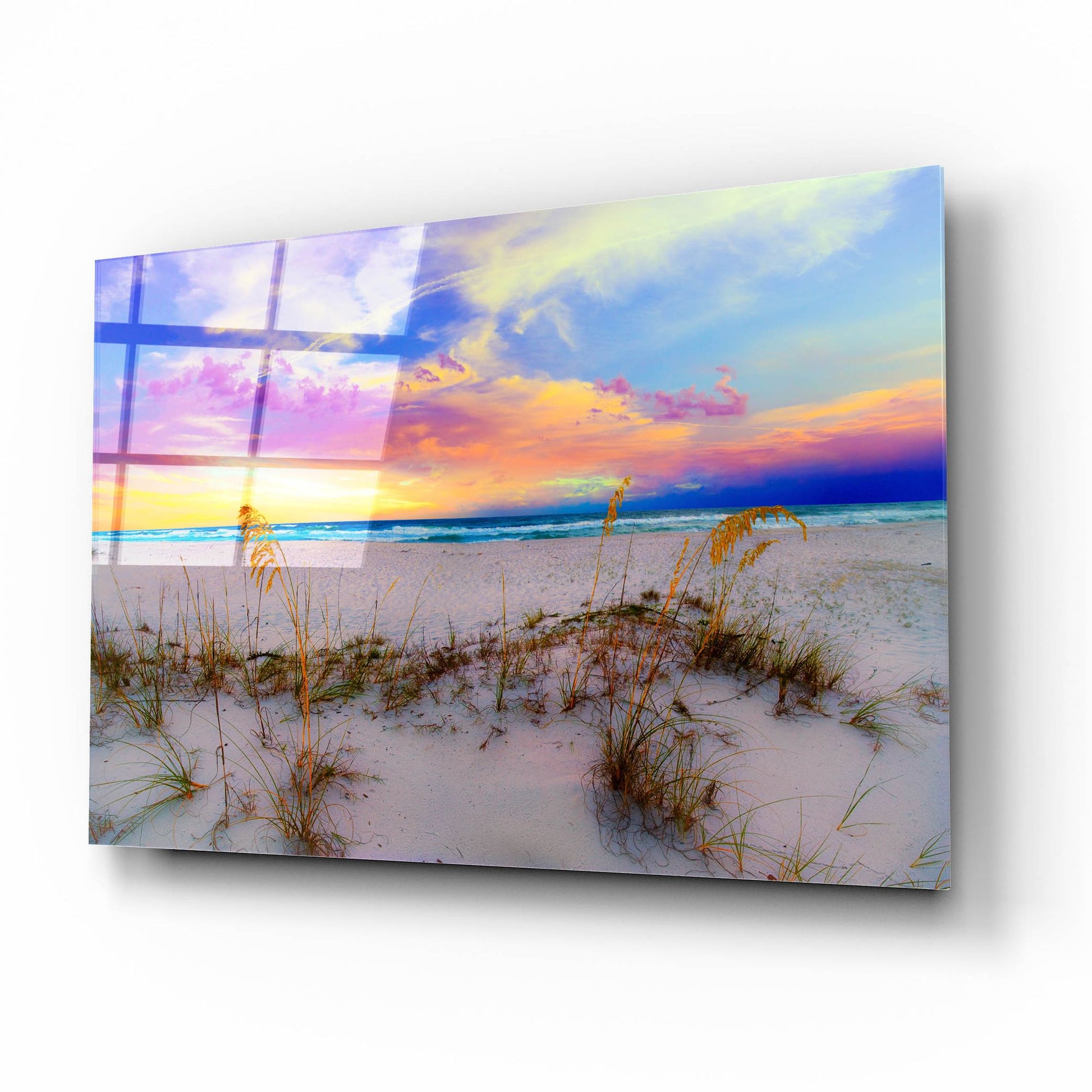 Epic Art 'Purple Pink And Blue Sunrise Over Beach Sea Oats' by Ezra Tanner, Acrylic Glass Wall Art,16x12