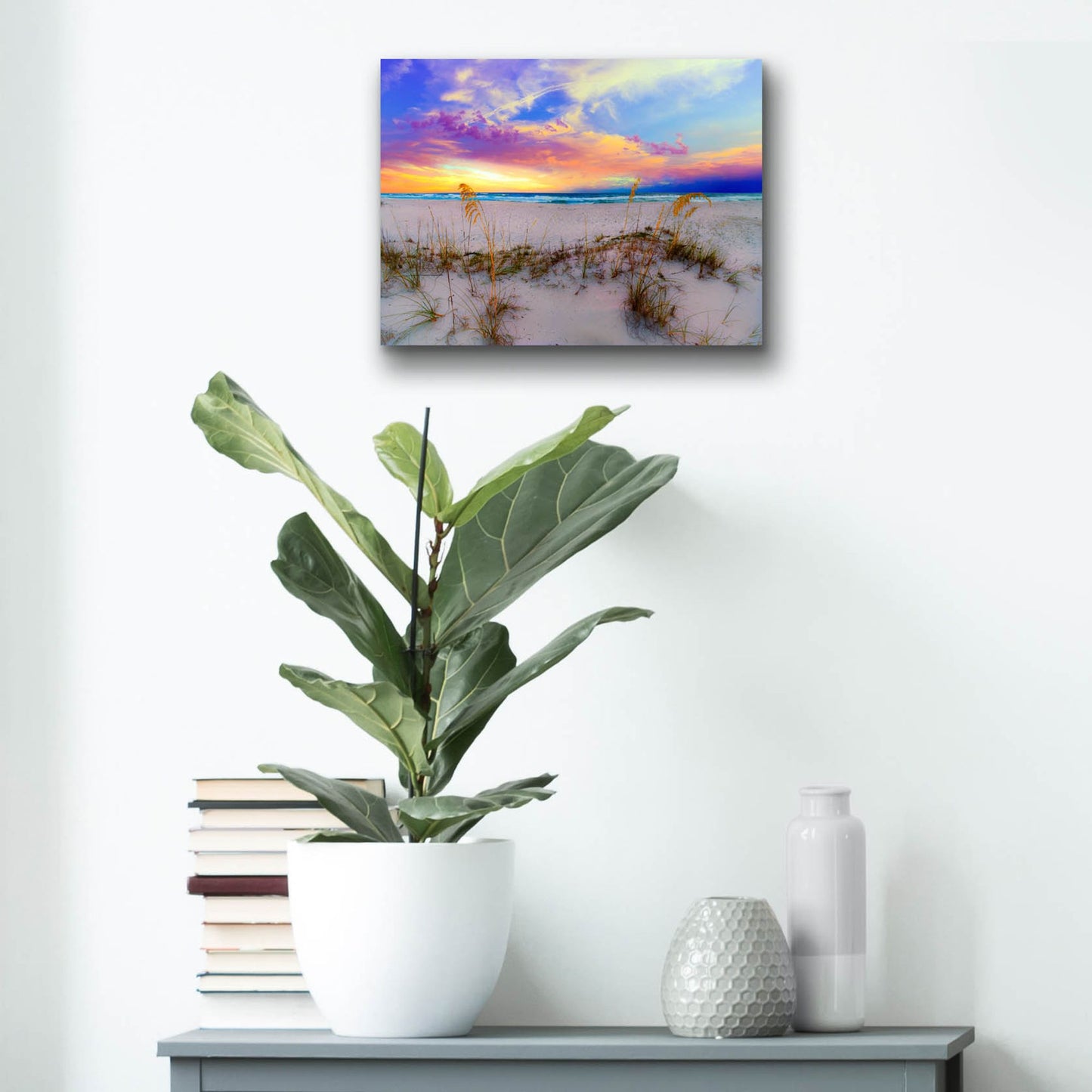 Epic Art 'Purple Pink And Blue Sunrise Over Beach Sea Oats' by Ezra Tanner, Acrylic Glass Wall Art,16x12