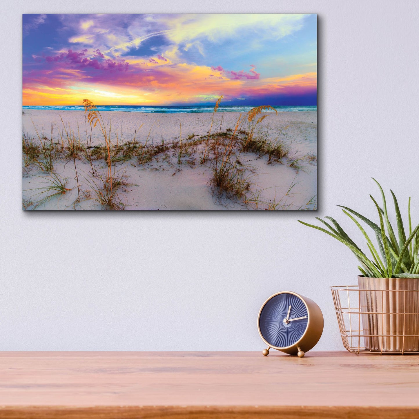 Epic Art 'Purple Pink And Blue Sunrise Over Beach Sea Oats' by Ezra Tanner, Acrylic Glass Wall Art,16x12