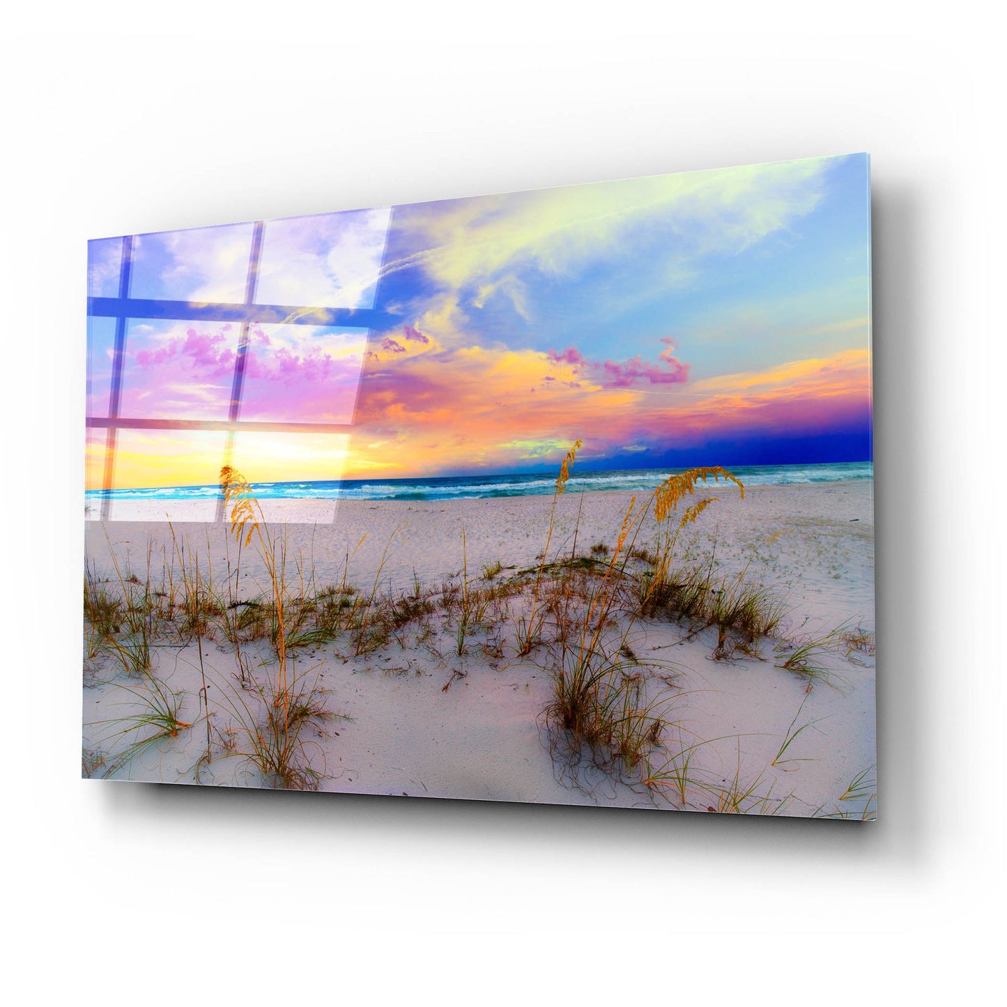 Epic Art 'Purple Pink And Blue Sunrise Over Beach Sea Oats' by Ezra Tanner, Acrylic Glass Wall Art,24x16