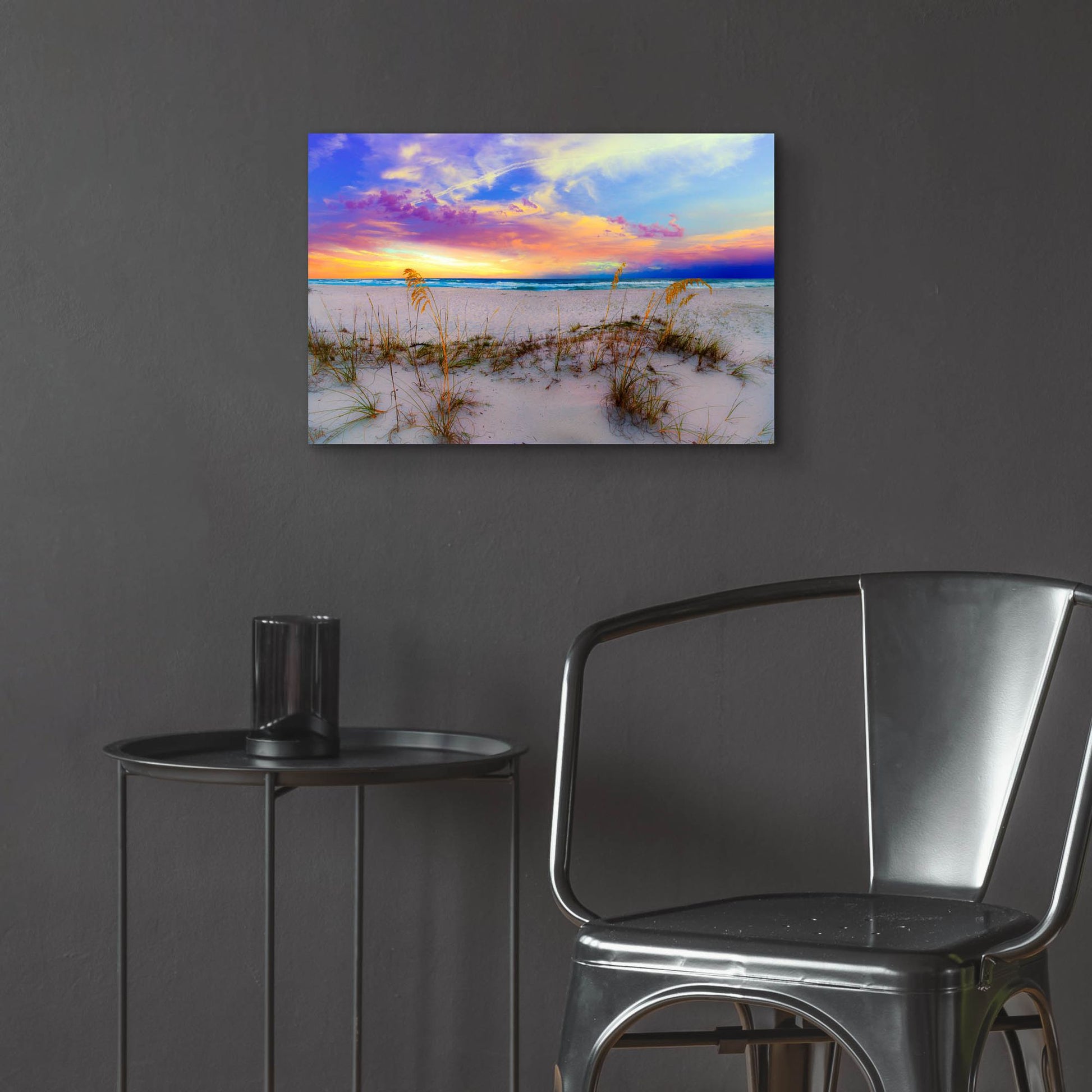 Epic Art 'Purple Pink And Blue Sunrise Over Beach Sea Oats' by Ezra Tanner, Acrylic Glass Wall Art,24x16