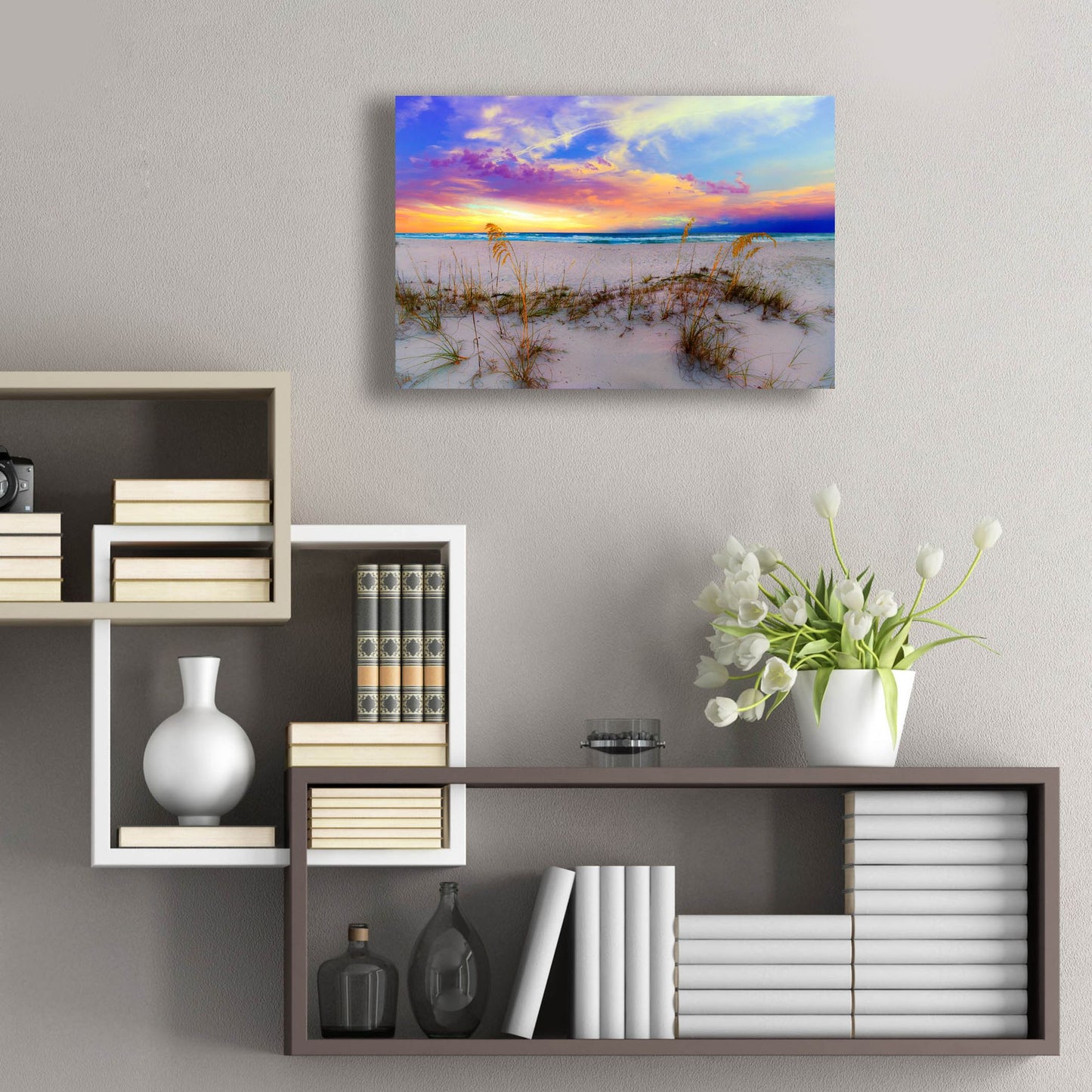 Epic Art 'Purple Pink And Blue Sunrise Over Beach Sea Oats' by Ezra Tanner, Acrylic Glass Wall Art,24x16