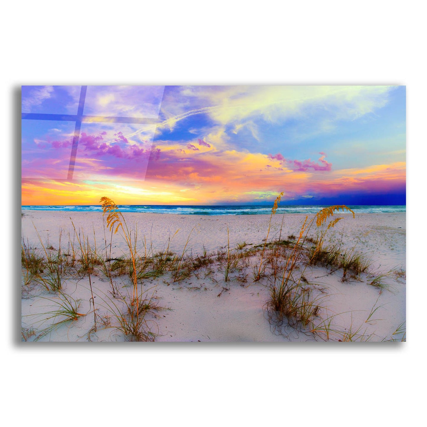 Epic Art 'Purple Pink And Blue Sunrise Over Beach Sea Oats' by Ezra Tanner, Acrylic Glass Wall Art,24x16