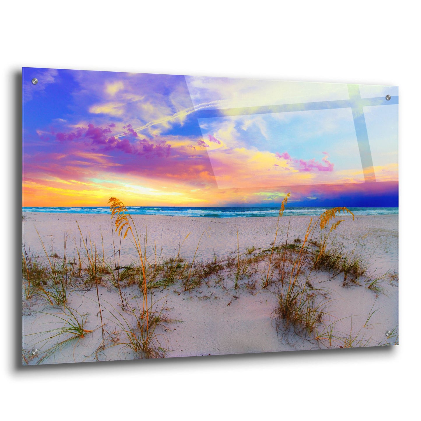 Epic Art 'Purple Pink And Blue Sunrise Over Beach Sea Oats' by Ezra Tanner, Acrylic Glass Wall Art,36x24