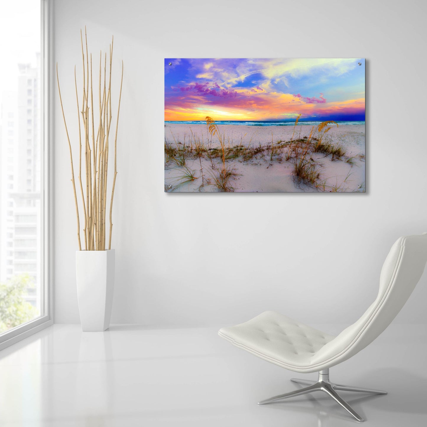 Epic Art 'Purple Pink And Blue Sunrise Over Beach Sea Oats' by Ezra Tanner, Acrylic Glass Wall Art,36x24