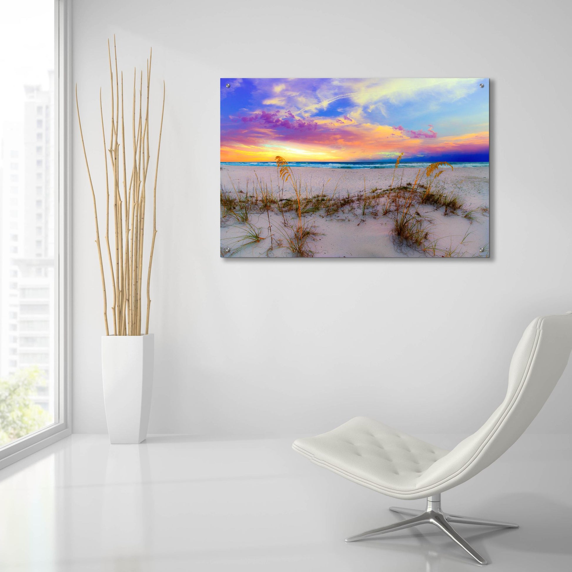 Epic Art 'Purple Pink And Blue Sunrise Over Beach Sea Oats' by Ezra Tanner,  Acrylic Glass Wall Art