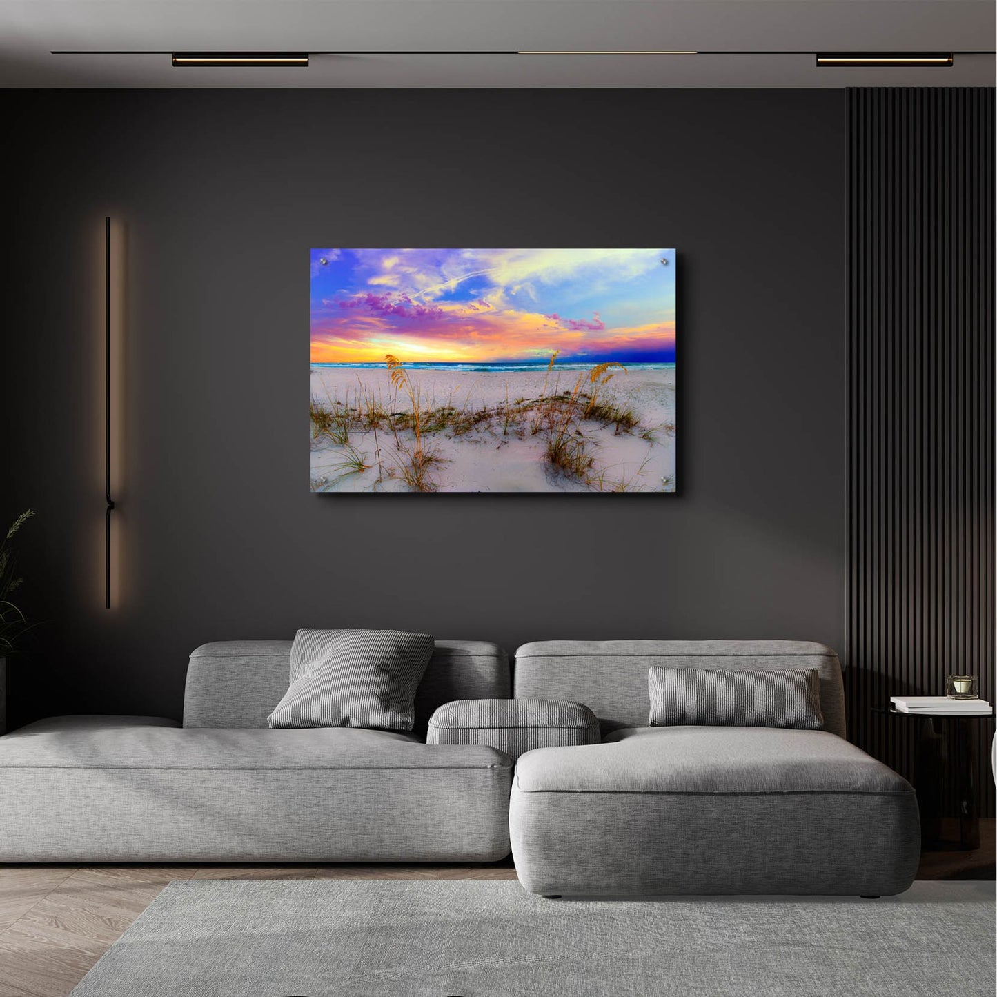 Epic Art 'Purple Pink And Blue Sunrise Over Beach Sea Oats' by Ezra Tanner, Acrylic Glass Wall Art,36x24