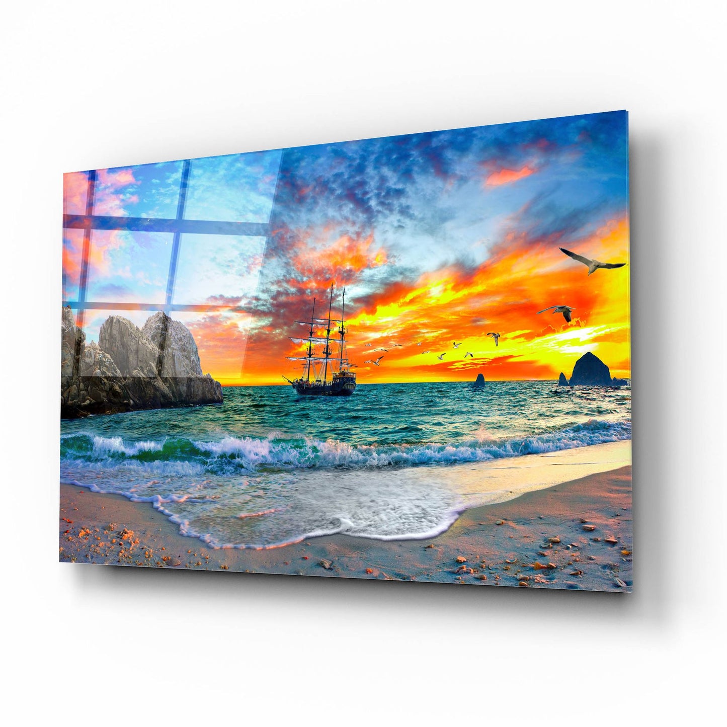 Epic Art 'Pirate Ship Sailing into Sunset' by Ezra Tanner, Acrylic Glass Wall Art,16x12