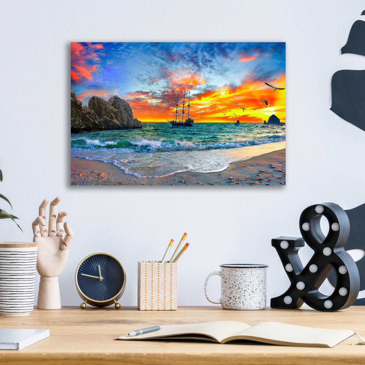 Epic Art 'Pirate Ship Sailing into Sunset' by Ezra Tanner, Acrylic Glass Wall Art,16x12