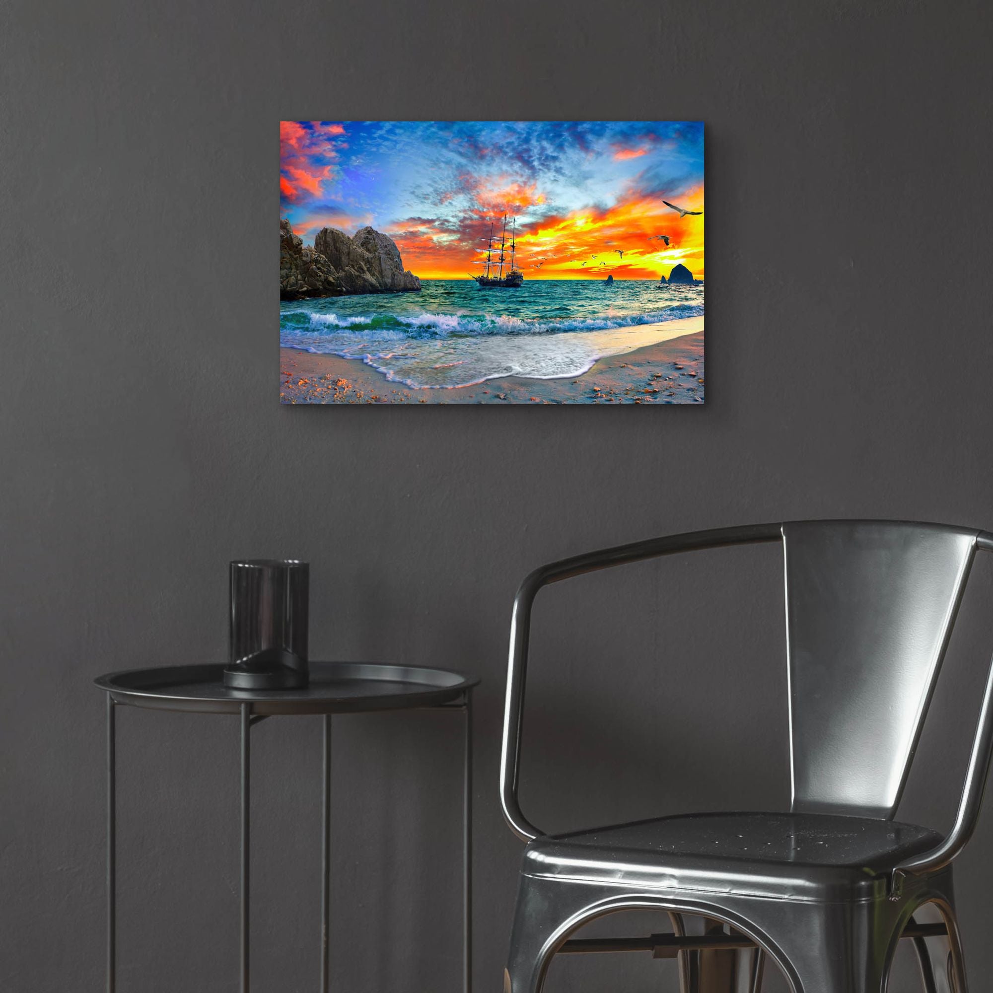 Epic Art 'Pirate Ship Sailing into Sunset' by Ezra Tanner, Acrylic