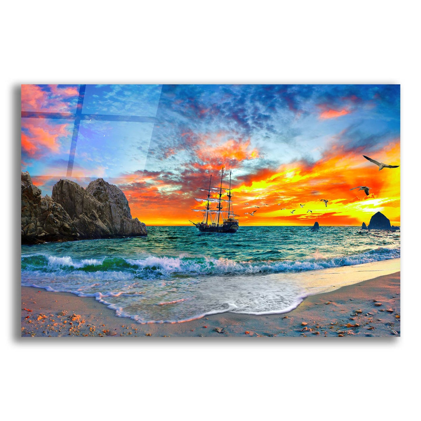 Epic Art 'Pirate Ship Sailing into Sunset' by Ezra Tanner, Acrylic Glass Wall Art,24x16