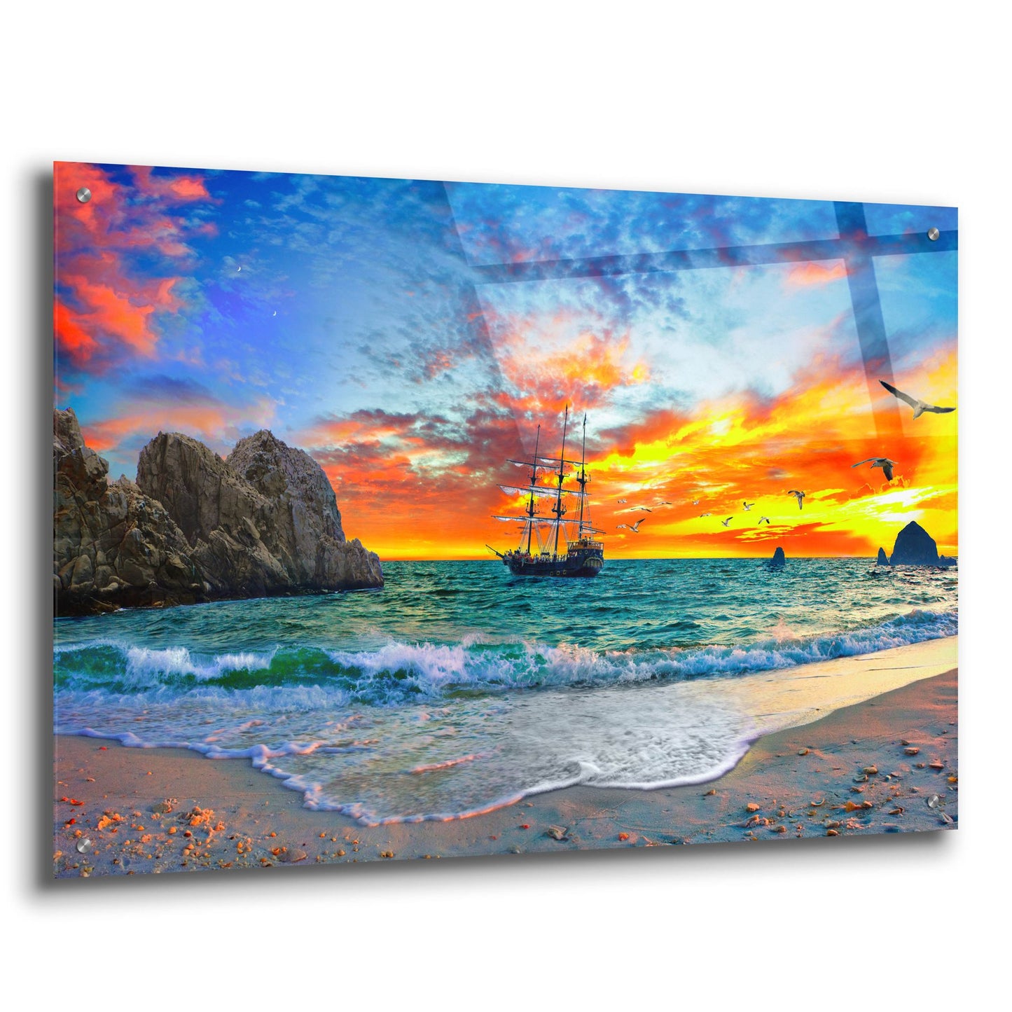 Epic Art 'Pirate Ship Sailing into Sunset' by Ezra Tanner, Acrylic Glass Wall Art,36x24