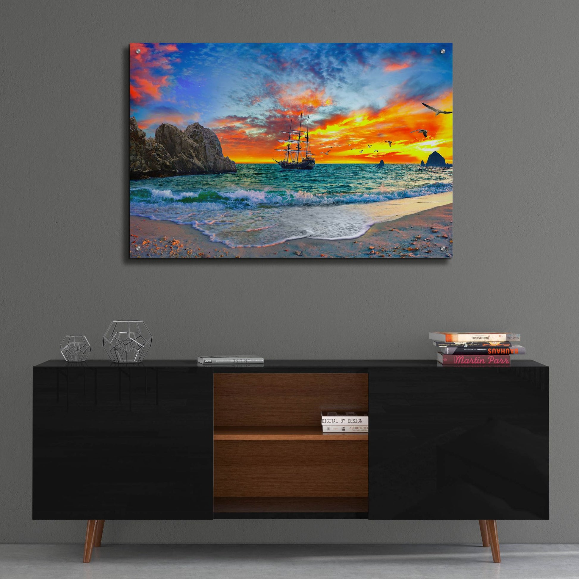 Epic Art 'Pirate Ship Sailing into Sunset' by Ezra Tanner, Acrylic Glass Wall Art,36x24