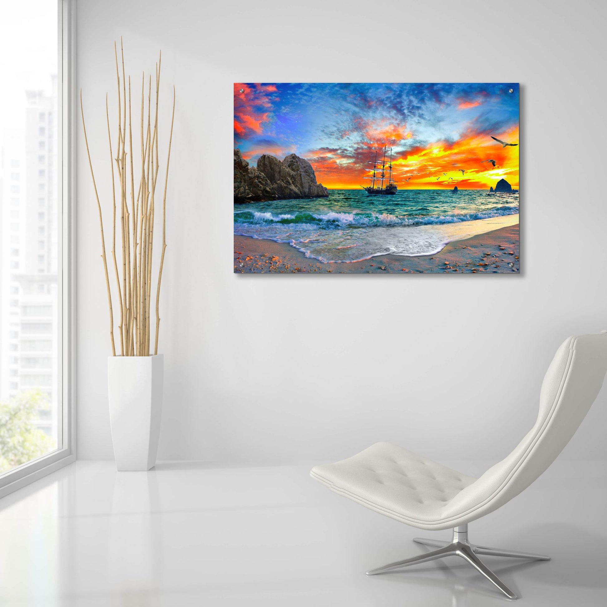 Epic Art 'Pirate Ship Sailing into Sunset' by Ezra Tanner, Acrylic Glass Wall Art,36x24