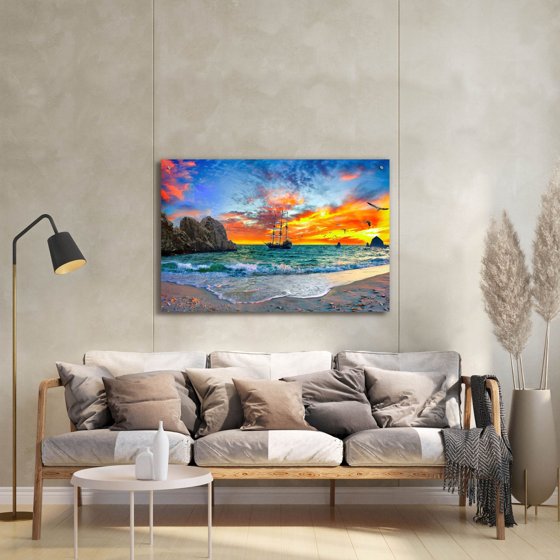 Epic Art 'Pirate Ship Sailing into Sunset' by Ezra Tanner, Acrylic Glass Wall Art,36x24