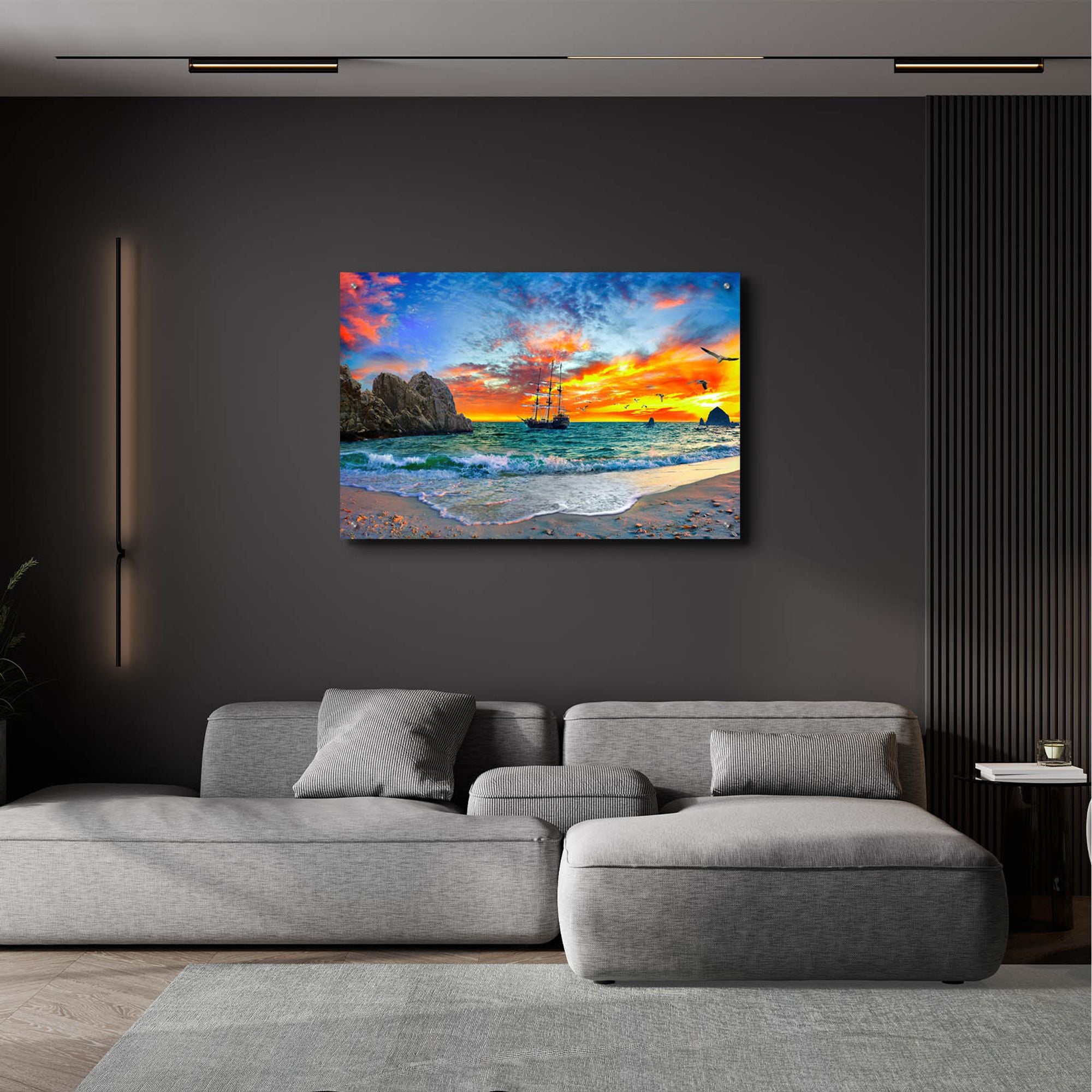 Epic Art 'Pirate Ship Sailing into Sunset' by Ezra Tanner, Acrylic