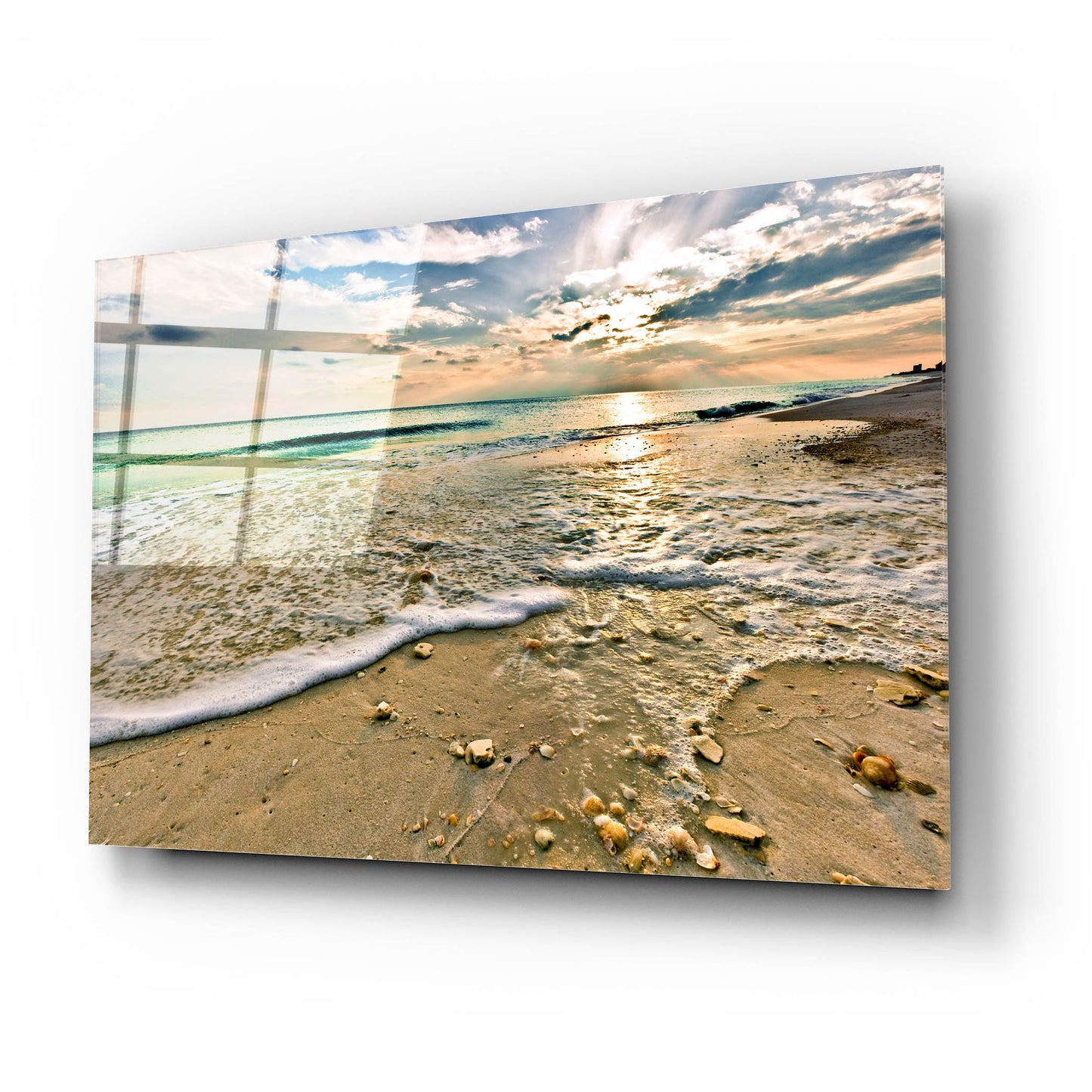 Epic Art 'Emerald Green Wave and Beach Shells under Sunset' by Ezra Tanner, Acrylic Glass Wall Art,24x16