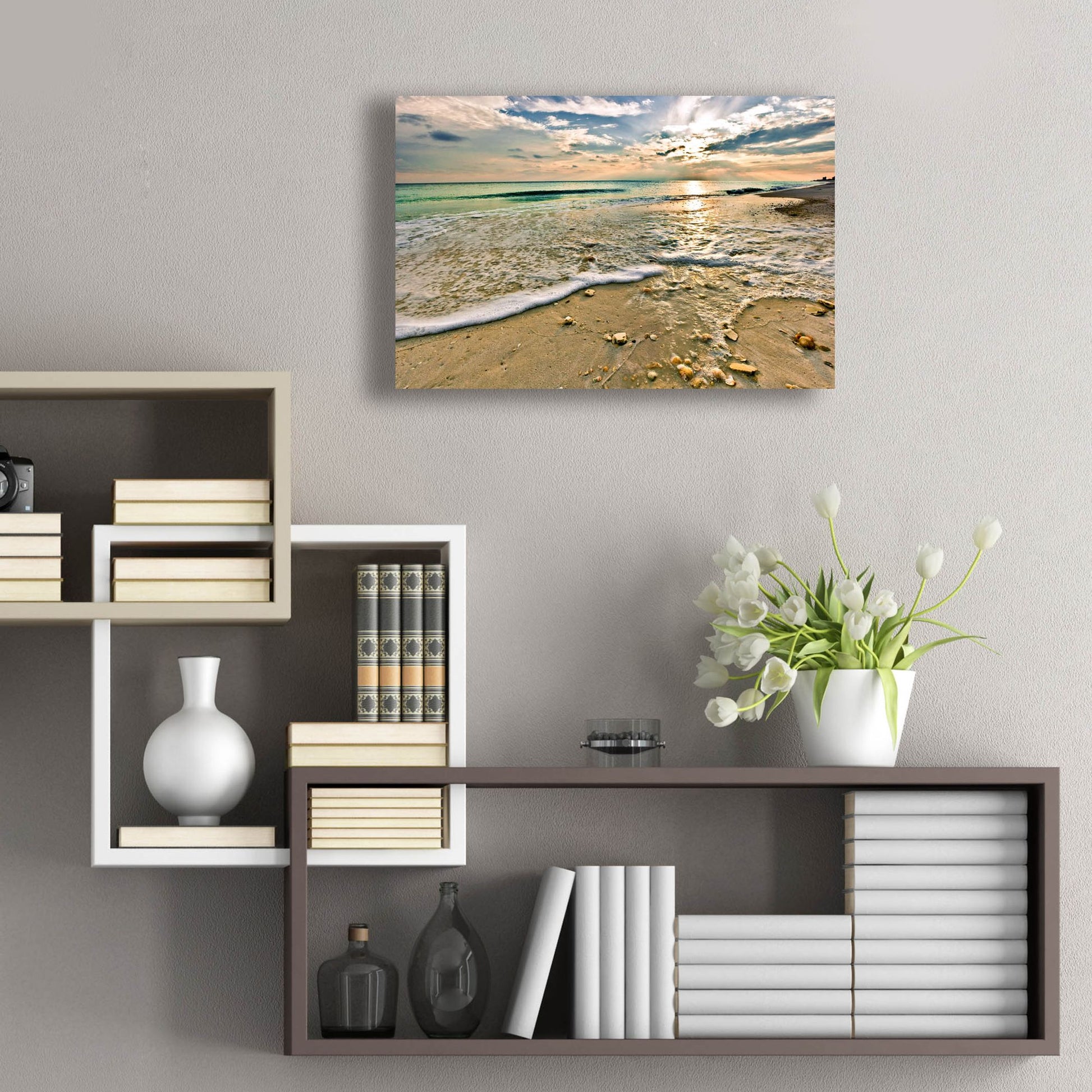 Epic Art 'Emerald Green Wave and Beach Shells under Sunset' by Ezra Tanner, Acrylic Glass Wall Art,24x16