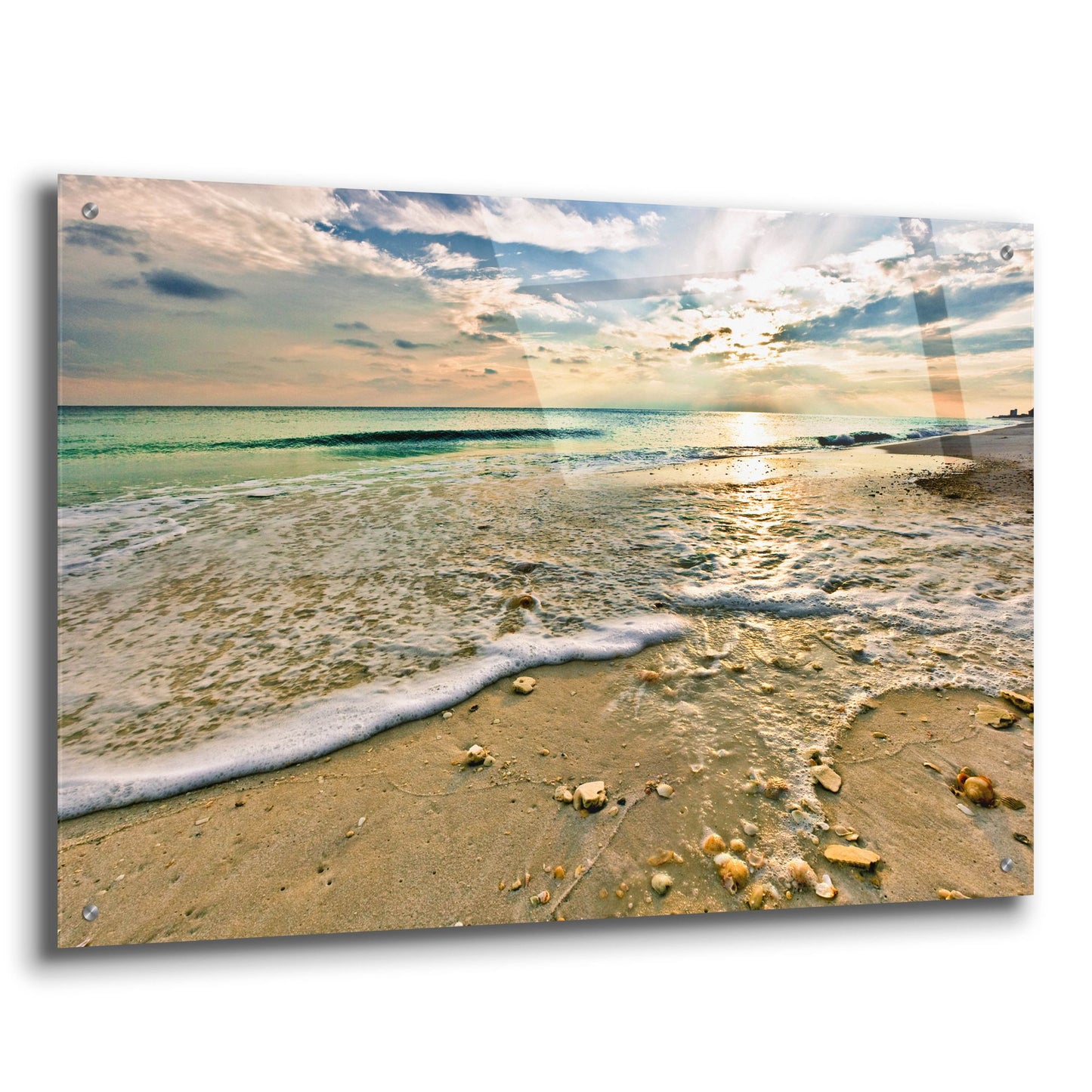 Epic Art 'Emerald Green Wave and Beach Shells under Sunset' by Ezra Tanner, Acrylic Glass Wall Art,36x24