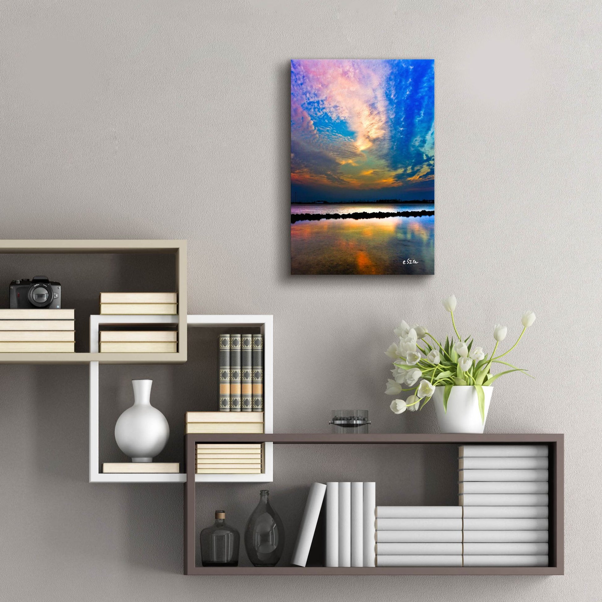 Epic Art 'Pink Clouds Twilight Sky Water Refection' by Ezra Tanner, Acrylic Glass Wall Art,16x24