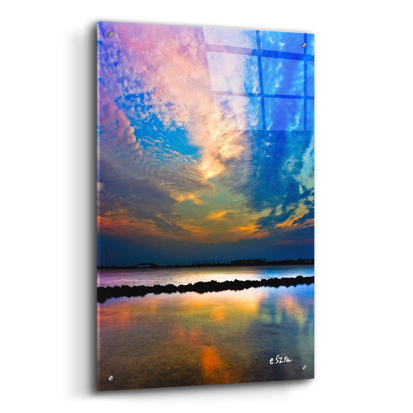 Epic Art 'Pink Clouds Twilight Sky Water Refection' by Ezra Tanner, Acrylic Glass Wall Art,24x36