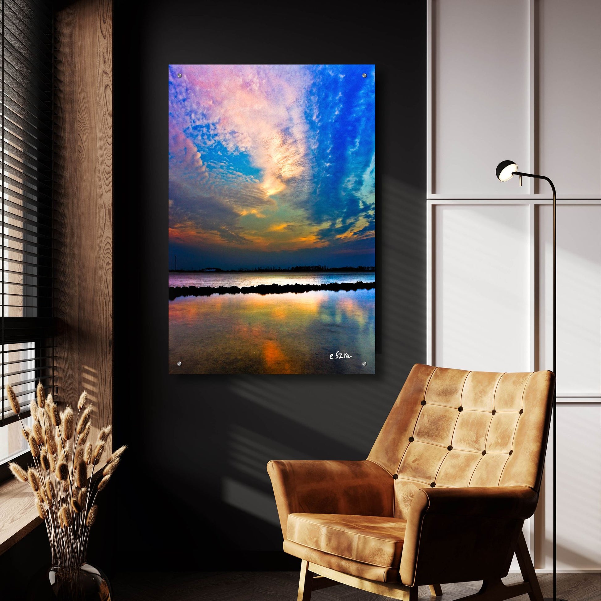 Epic Art 'Pink Clouds Twilight Sky Water Refection' by Ezra Tanner, Acrylic Glass Wall Art,24x36