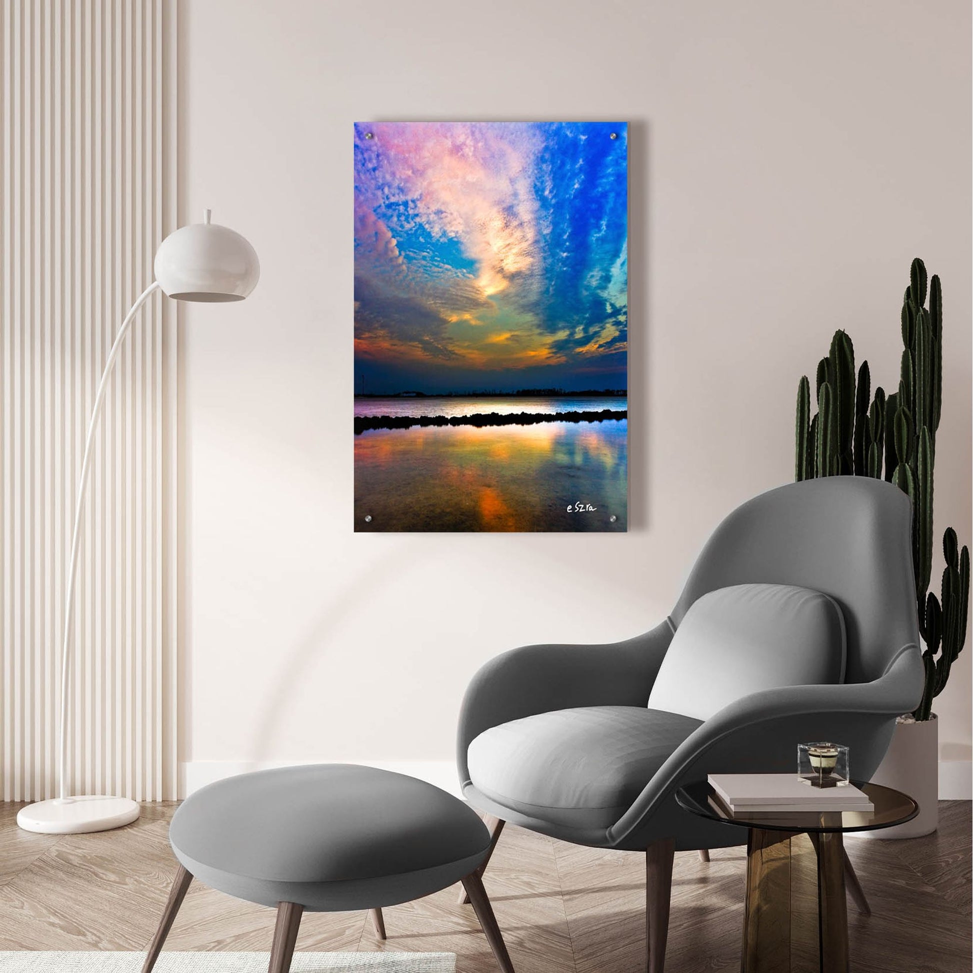 Epic Art 'Pink Clouds Twilight Sky Water Refection' by Ezra Tanner, Acrylic Glass Wall Art,24x36