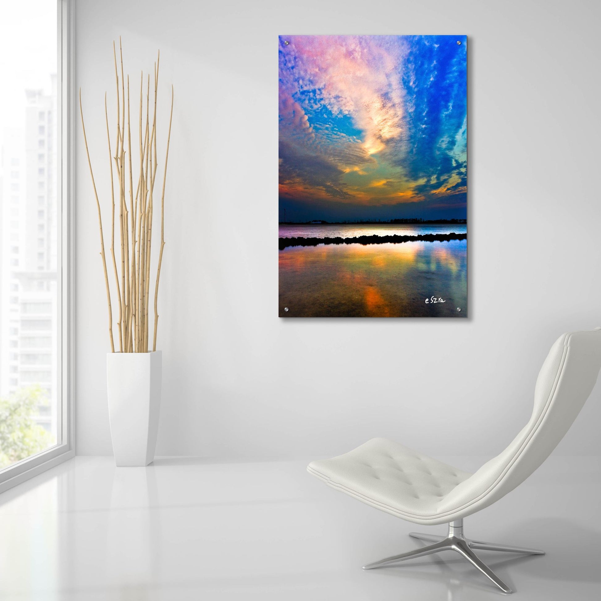 Epic Art 'Pink Clouds Twilight Sky Water Refection' by Ezra Tanner, Acrylic Glass Wall Art,24x36