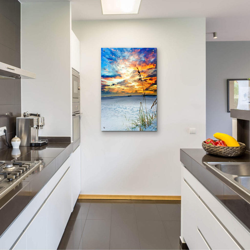 Epic Art 'Fiery Burning Red Clouds Sunset Footprints' by Ezra Tanner, Acrylic Glass Wall Art,24x36
