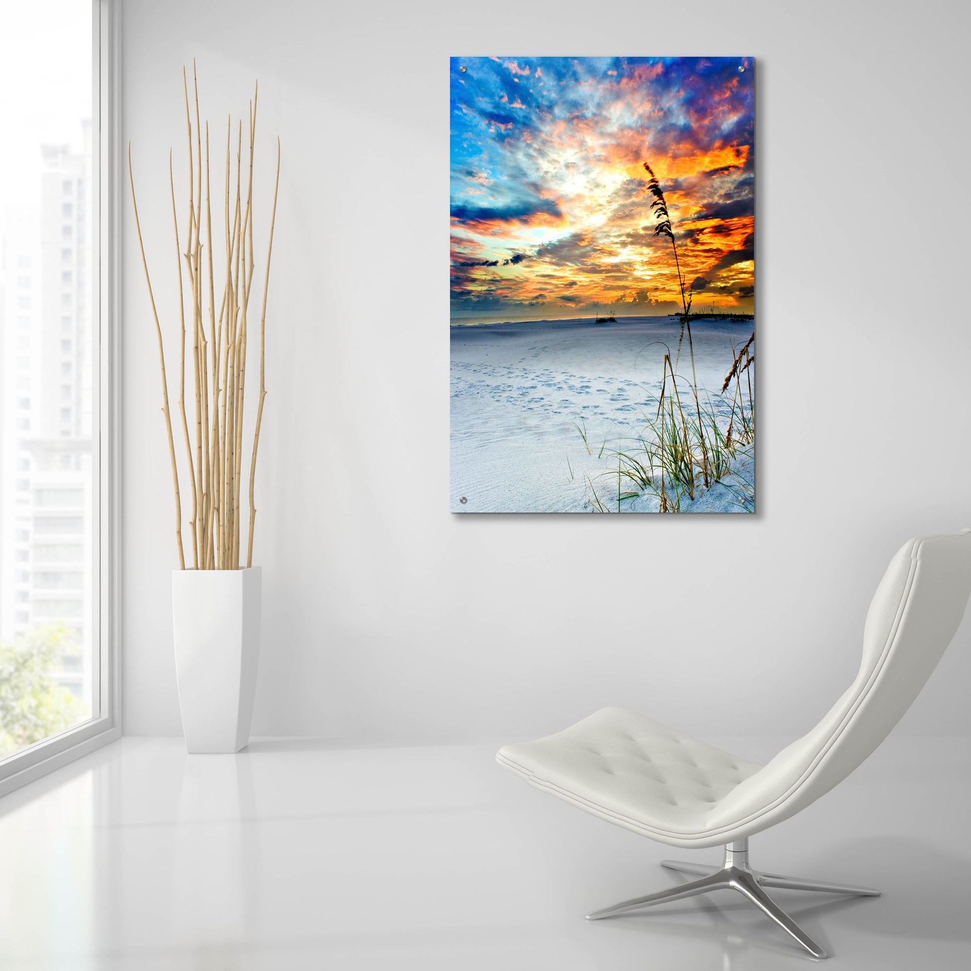 Epic Art 'Fiery Burning Red Clouds Sunset Footprints' by Ezra Tanner, Acrylic Glass Wall Art,24x36