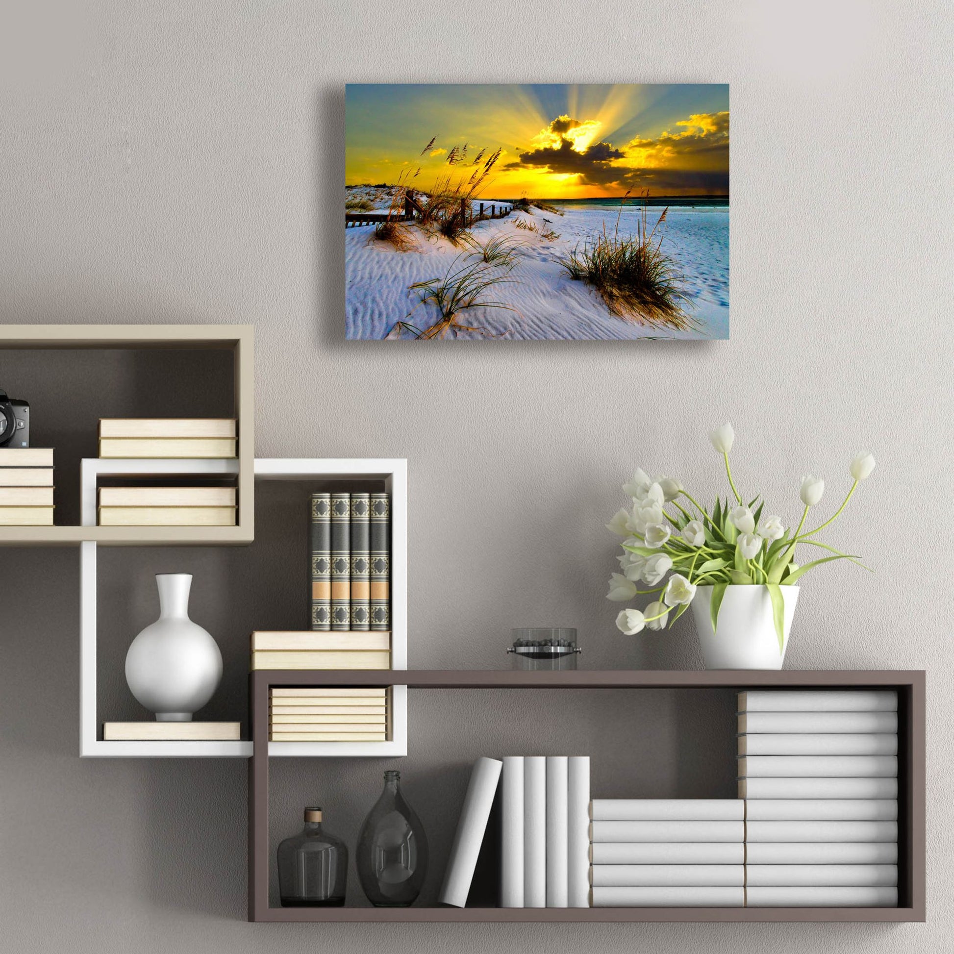 Epic Art 'Landscape Photography Beach Golden Sunset' by Ezra Tanner, Acrylic Glass Wall Art,24x16