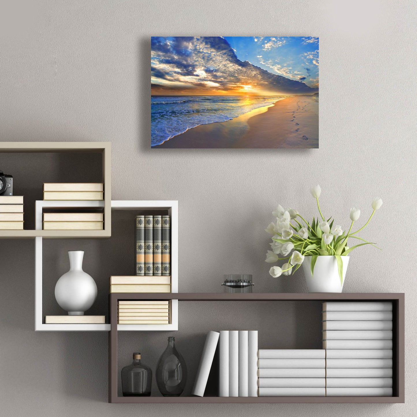 Epic Art 'Gold Sunset Beach Waves Seascape' by Ezra Tanner, Acrylic Glass Wall Art,24x16