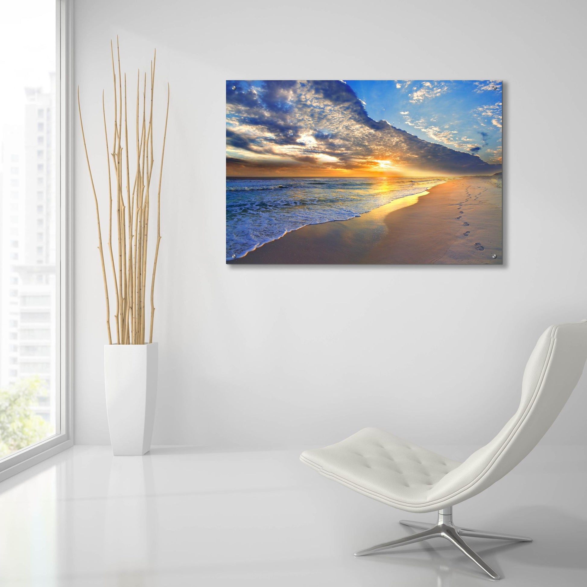 Epic Art 'Gold Sunset Beach Waves Seascape' by Ezra Tanner, Acrylic Glass Wall Art,36x24