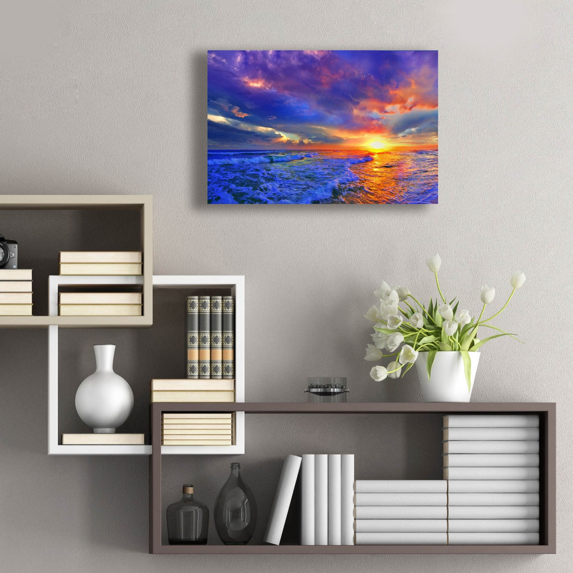 Epic Art 'Romantic Pink Purple Cloud Sunset Beach' by Ezra Tanner, Acrylic Glass Wall Art,24x16