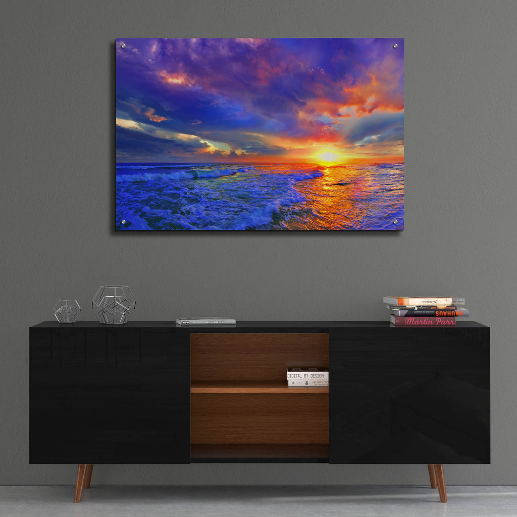 Epic Art 'Romantic Pink Purple Cloud Sunset Beach' by Ezra Tanner, Acrylic Glass Wall Art,36x24