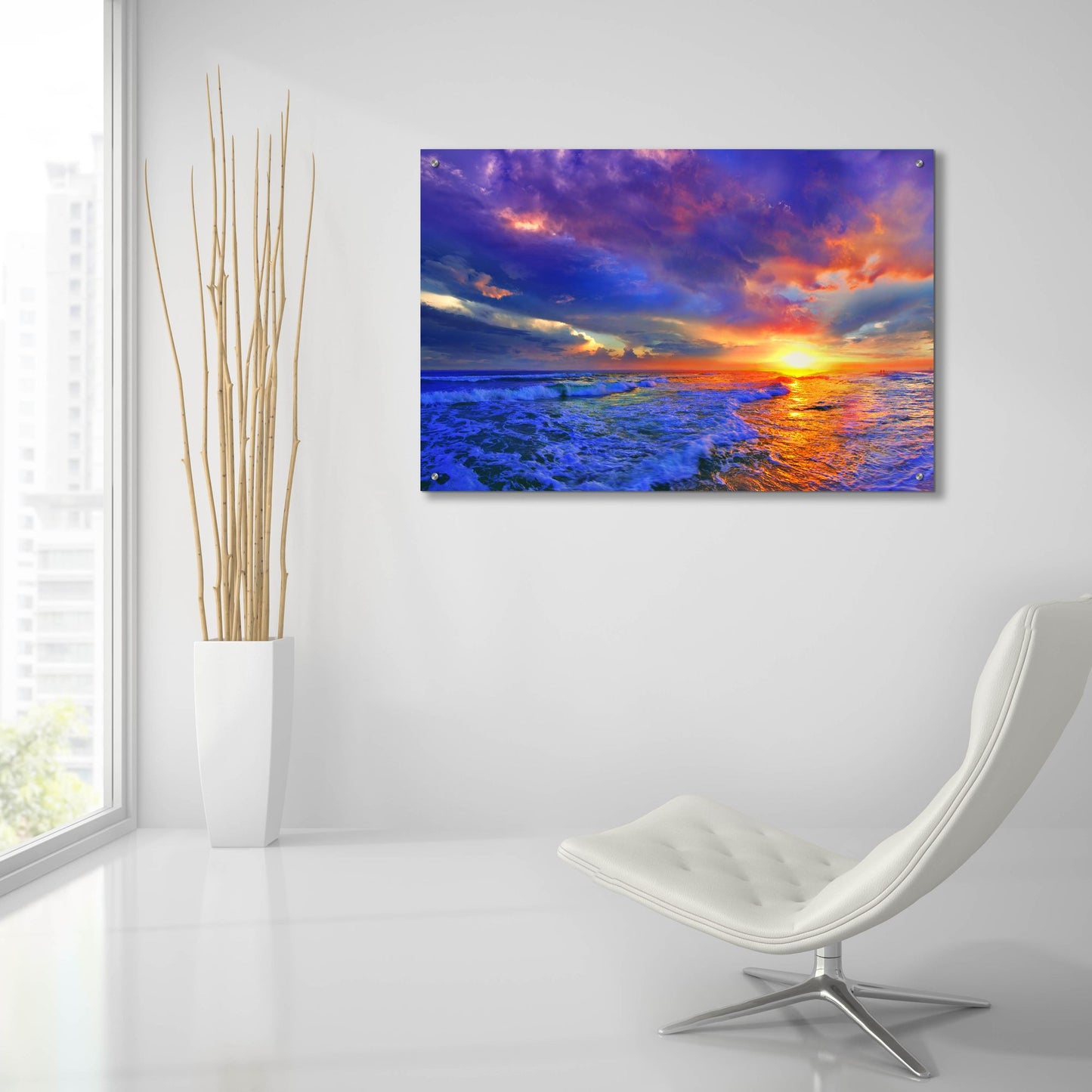 Epic Art 'Romantic Pink Purple Cloud Sunset Beach' by Ezra Tanner, Acrylic Glass Wall Art,36x24