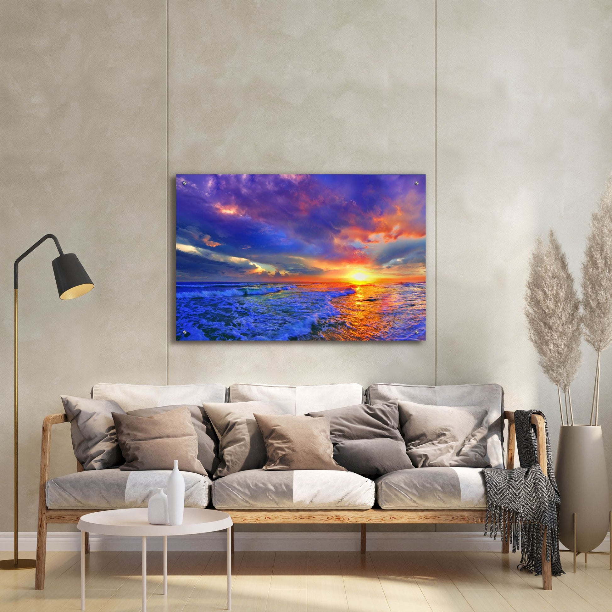 Epic Art 'Romantic Pink Purple Cloud Sunset Beach' by Ezra Tanner, Acrylic Glass Wall Art,36x24