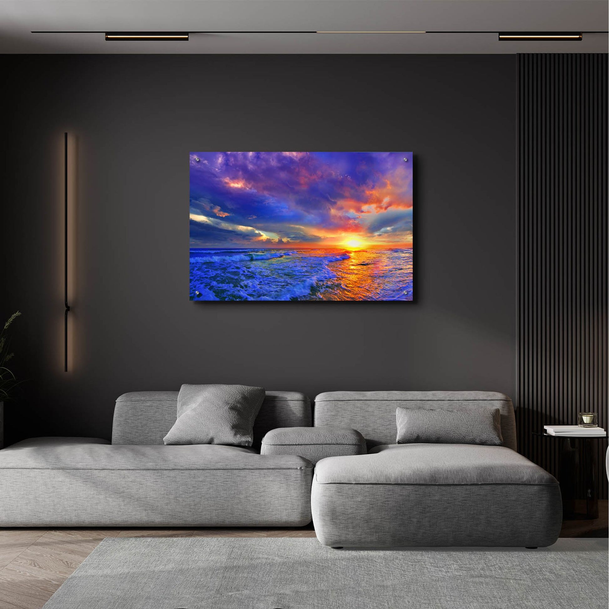 Epic Art 'Romantic Pink Purple Cloud Sunset Beach' by Ezra Tanner, Acrylic Glass Wall Art,36x24