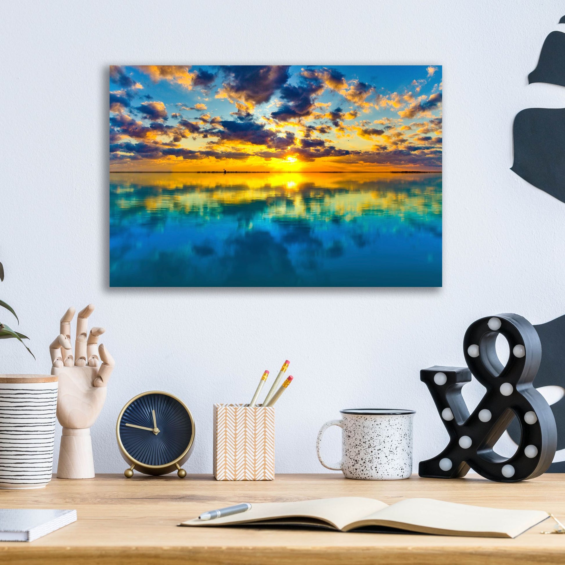 Epic Art 'Sunset Lake Reflection Blue Yellow Skyscape' by Ezra Tanner, Acrylic Glass Wall Art,16x12