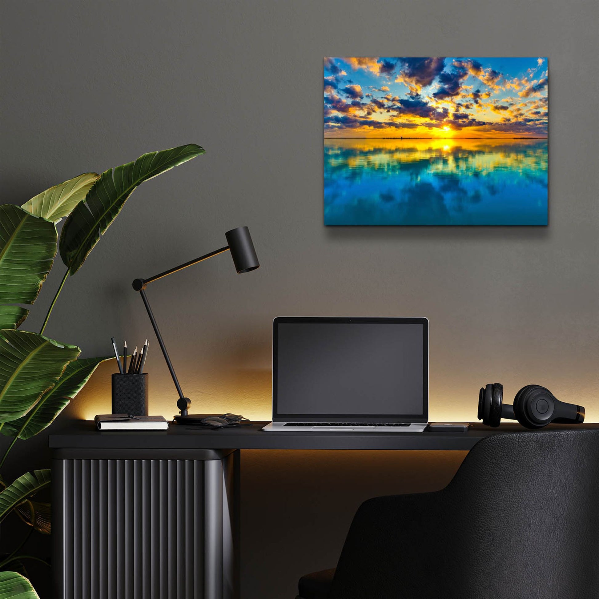 Epic Art 'Sunset Lake Reflection Blue Yellow Skyscape' by Ezra Tanner, Acrylic Glass Wall Art,16x12